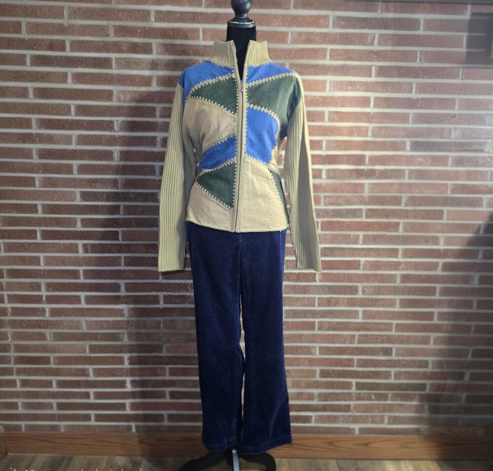 Vintage Dressbarn Patchwork Suede Knit Jacket Zip Up Colorblock Size L Boho Y2K